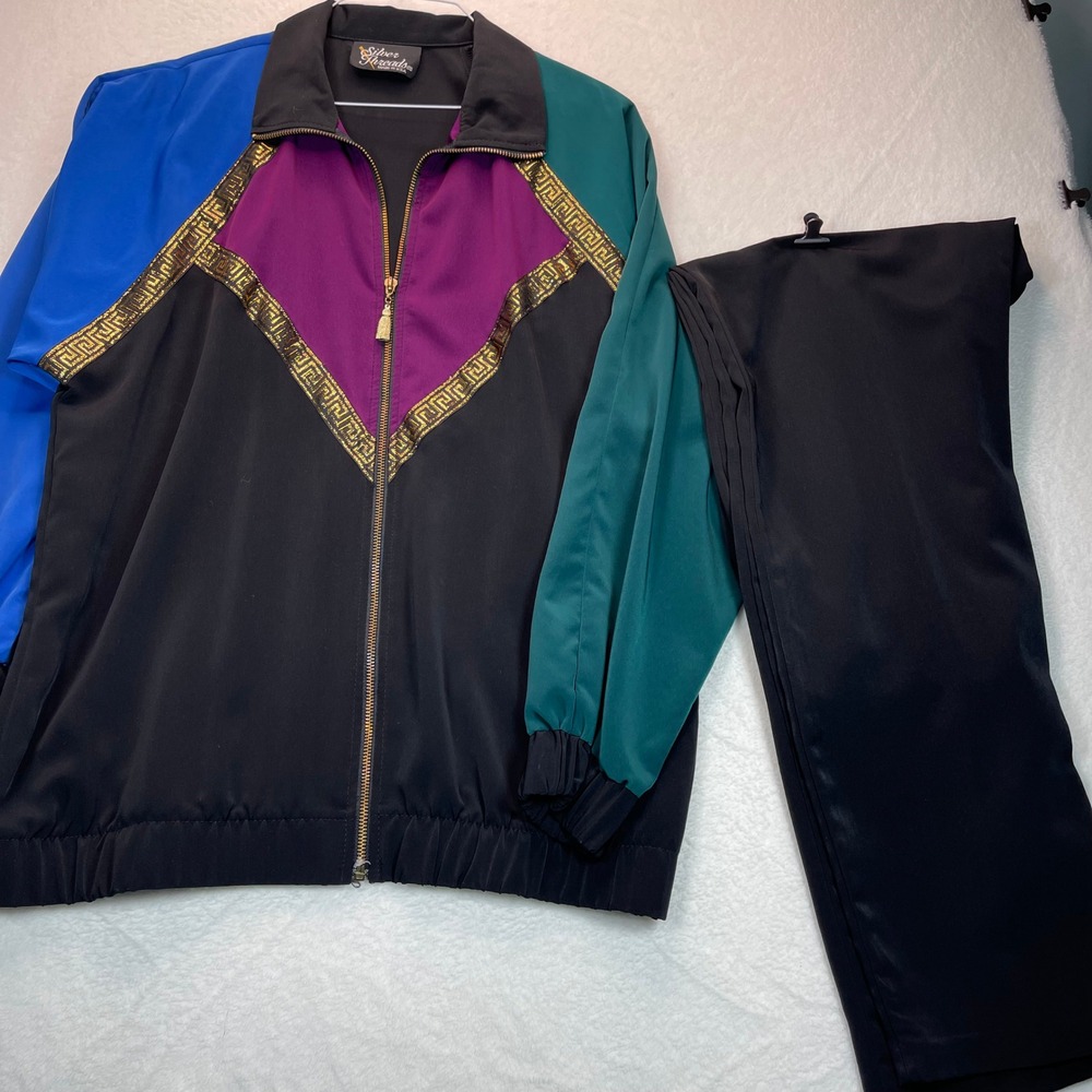 VTG Silver Threads Track Lounge Suit M 80s 90s Maximalism Windbreaker Metallic‎